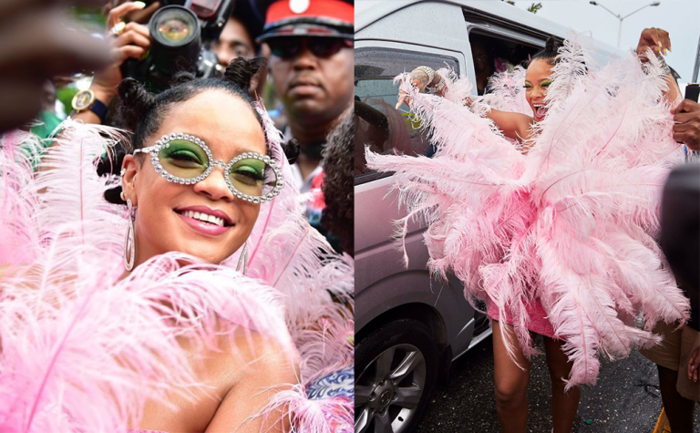 Rihanna行走的火烈鳥！粉紅羽毛裝祖父都有份設計？