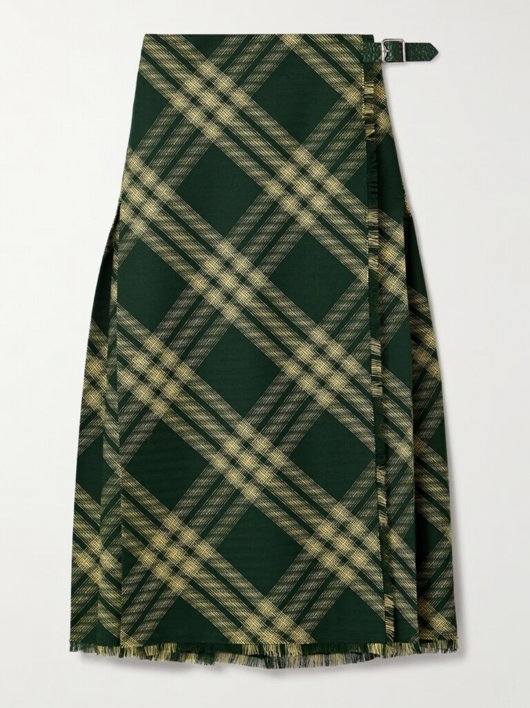 褶襉格紋羊毛中長圍裹式半身裙 burberry