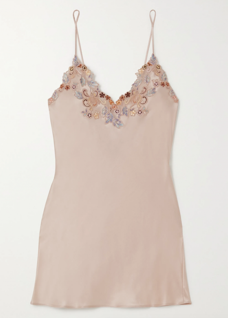 Maison Rainbow embroidered lace-trimmed silk-satin chemise
