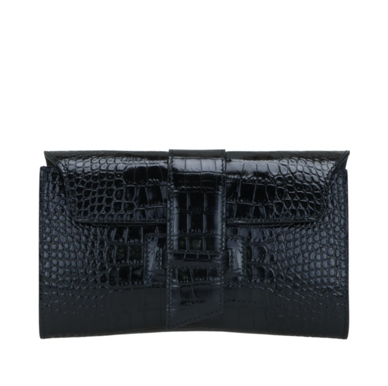 VERONICA Made BySILVANO BIAGINI $3,281 Croc Embossed Calfskin Leather Black Clutch