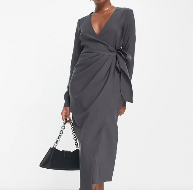 ASOS DESIGN v neck midi dress with twist wrap detail in charcoal ASOS DESIGN v neck midi dress with twist wrap detail in charcoal