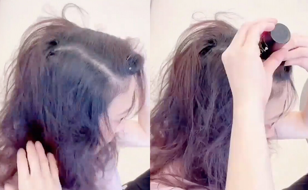 乾敷洗髮第1步:乾髮狀態下,在頭皮敷上洗頭水 乾敷洗髮第1步:乾髮狀態下,在頭皮敷上洗頭水