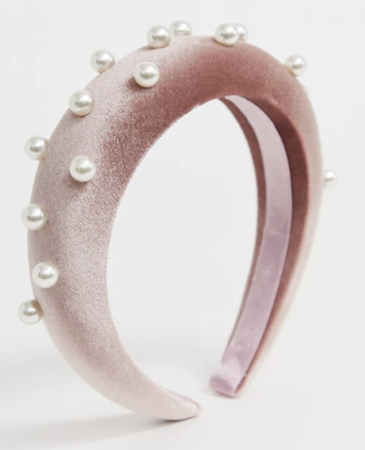 ASOS DESIGN padded headband in pink velvet with pearl embellishment