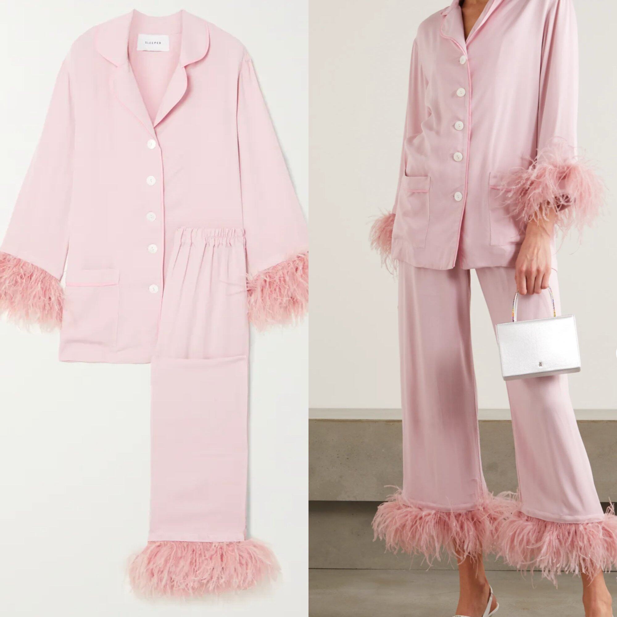 SLEEPER Party feather-trimmed crepe de chine pajama set