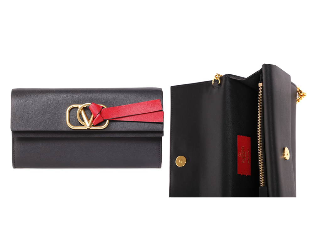 簡約的全黑色小牛皮長銀包，配上Valentino logo的金色扣，另外再有一個紅色繩結