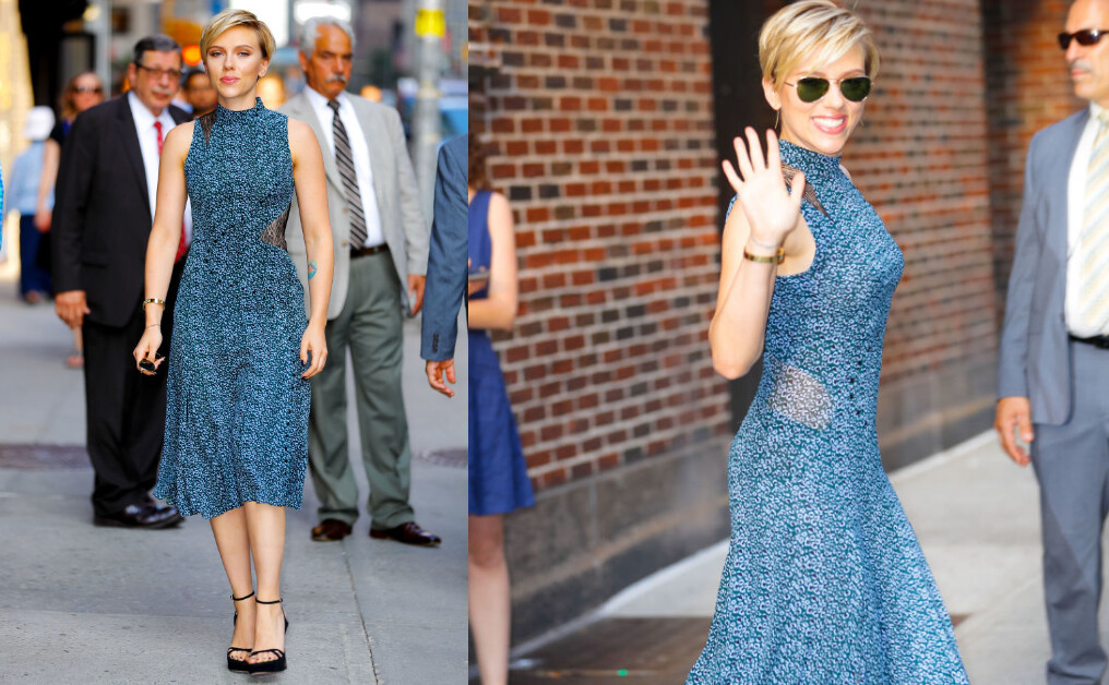 這條藍色碎花裙令Scarlett Johansson的嫵媚感