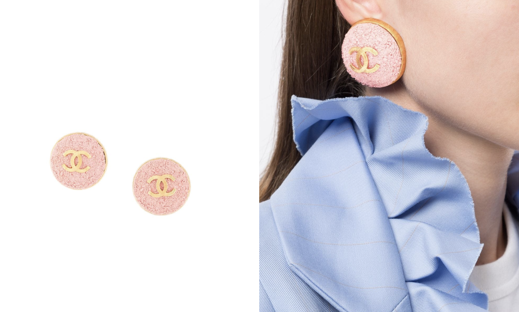 這雙Chanel耳環走浮誇路線，它用上大小不一的粉紅色物料來做成耳環的主要設計，圓形外邊和CC logo同樣使用了間條設計去突顯整對耳環的奢華感覺。這雙耳環的尺寸比一般耳環都要大，戴上耳珠後有超強的瘦面效果！