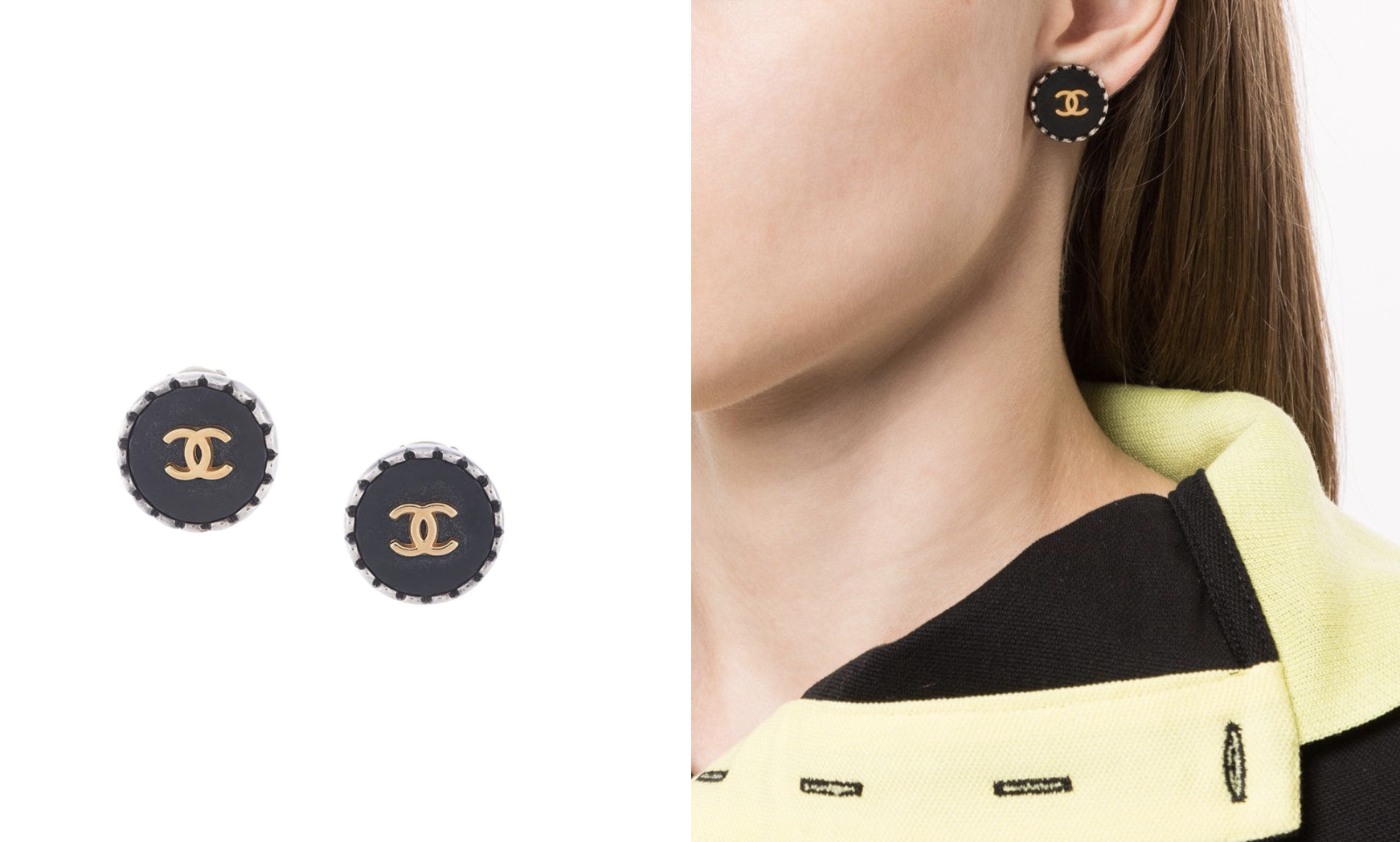 如果你喜歡拼色設計，一定不能錯過這對Chanel耳環。時裝穿搭最好身上只有3種顏色，來營造簡約的精緻感覺。這對耳環同樣只運用了3種顏色，黑色、銀色和金色。以銀色作為外邊設計，把視覺重點落在耳環上，有效修飾面形。