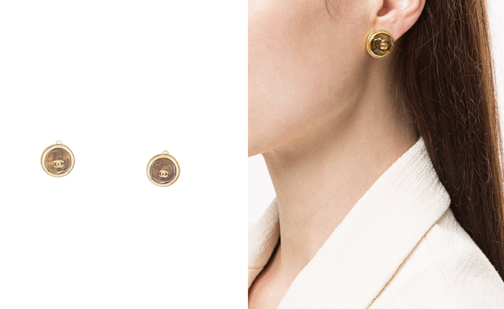 這對金色的Chanel耳環配有一條精細的車線，使耳環更具設計感和精緻度。正面是一顆半透明的啡寶石，比一般經常使用的珍珠款更特別。而且它也用上迷你的CC logo，令整對耳環的設計更華麗，愛好金色和大地色系的女生必需入手！