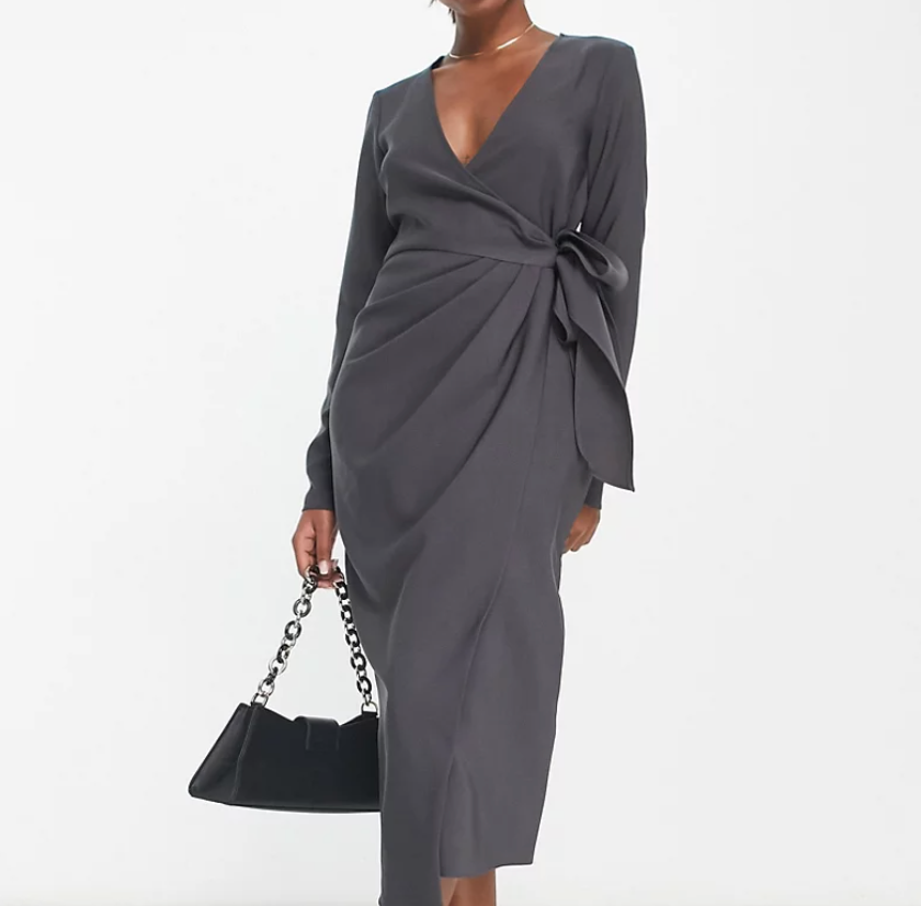 ASOS DESIGN v neck midi dress with twist wrap detail in charcoal